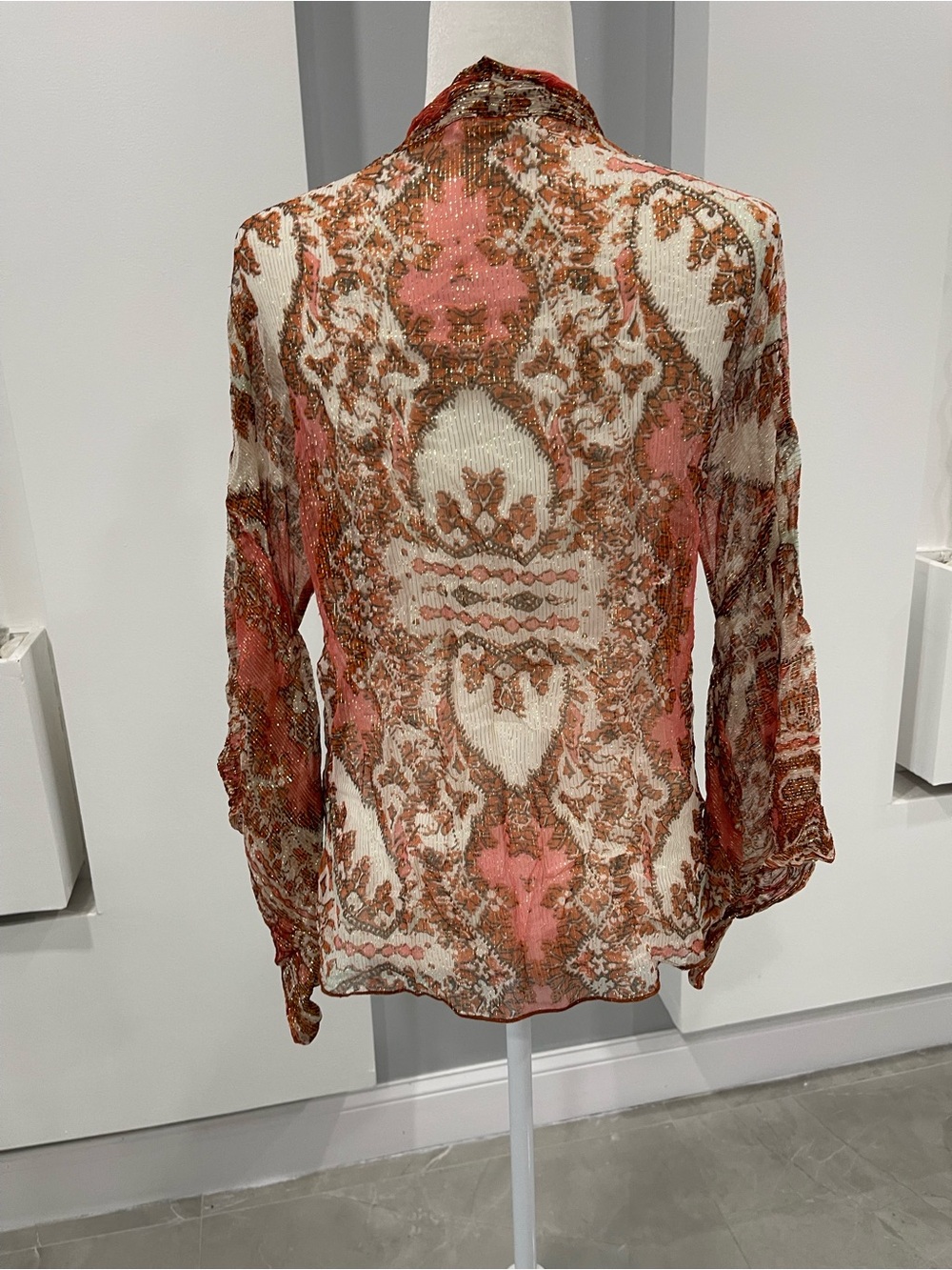 Free People Sheer Paisley Open-Front Jacket in Rust and Pink - Picture 5 of 8